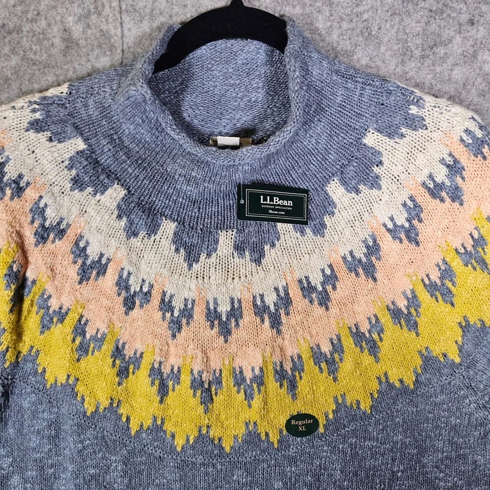 LL Bean Womens Cotton Ragg Sweater Fair Isle Funnelneck Nordic Cozy Sz XL Reg